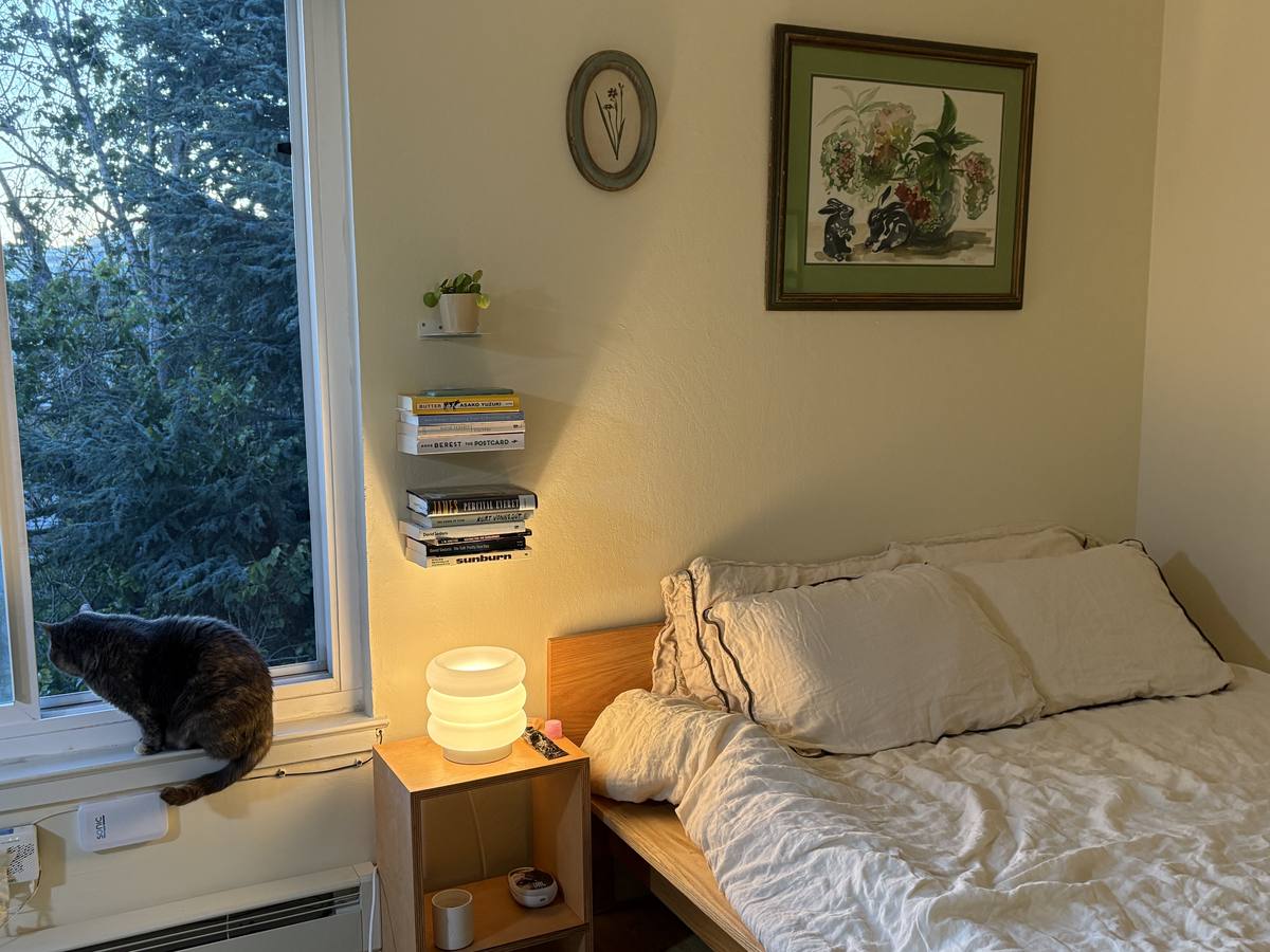 Bed frame with a small bedside shelf beneath a window