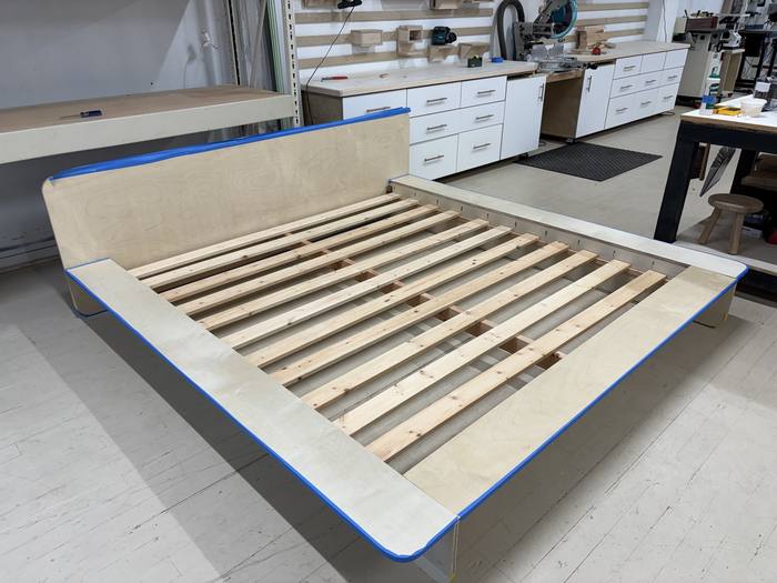 Bed frame under construction in the workshop